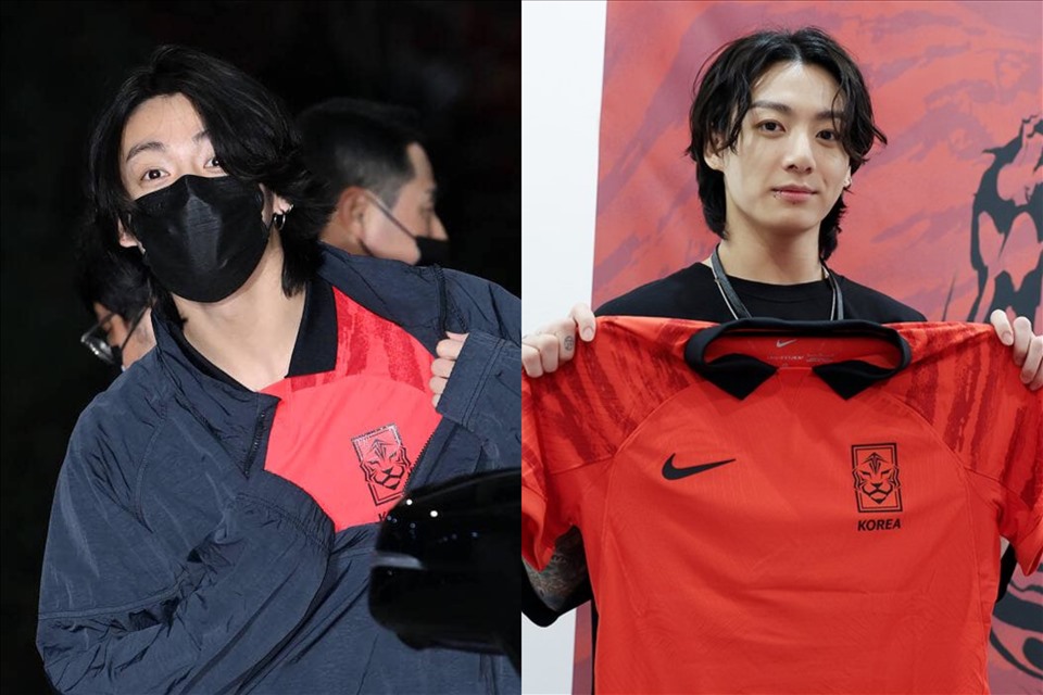 Jungkook (BTS) mặc áo đội tuyển bóng đá quốc gia khi trở về Hàn Quốc